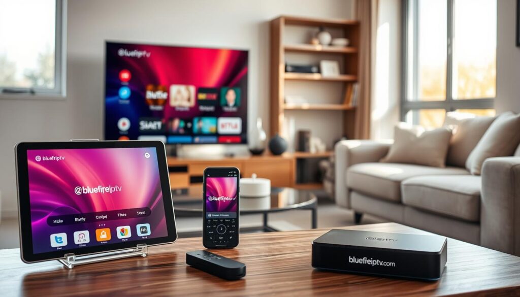 A modern living room scene showcasing various devices compatible with IPTV UK. In the foreground, a sleek smart TV displaying a colorful IPTV interface, next to it a tablet and smartphone streaming content, all branded with the logo “bluefireiptv.com”. In the middle, a cozy couch adorned with soft cushions invites viewers in, while a stylish coffee table holds streaming devices like a set-top box and a streaming stick. The background features a window streaming natural light, creating a warm atmosphere. The scene is well-lit, with soft shadows to enhance the cozy vibe. Capture this from a slightly elevated angle, emphasizing the interconnectedness of all devices in the IPTV ecosystem. A modern living room scene showcasing various devices compatible with IPTV UK. In the foreground, a sleek smart TV displaying a colorful IPTV interface, next to it a tablet and smartphone streaming content, all branded with the logo “bluefireiptv.com”. In the middle, a cozy couch adorned with soft cushions invites viewers in, while a stylish coffee table holds streaming devices like a set-top box and a streaming stick. The background features a window streaming natural light, creating a warm atmosphere. The scene is well-lit, with soft shadows to enhance the cozy vibe. Capture this from a slightly elevated angle, emphasizing the interconnectedness of all devices in the IPTV ecosystem.