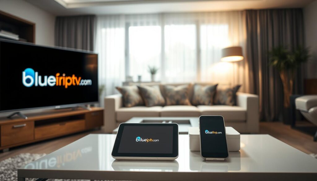 A modern living room scene showcasing various devices compatible with IPTV services, such as a smart TV, tablet, and smartphone, elegantly placed on a stylish coffee table. In the foreground, a sleek smart TV displays the logo of "bluefireiptv.com" on its screen, emitting a warm, inviting glow. In the middle, a cozy couch with tasteful cushions invites viewers to enjoy their favorite shows, while a stylish lampshade casts gentle light across the room. The background features a large window with light filtering in, enhancing the serene atmosphere. The overall mood is relaxed and modern, emphasizing convenience and accessibility for IPTV viewing across different platforms. The image is captured in bright lighting with a slight focus blur on the background for depth, evoking a comfortable and welcoming home environment.