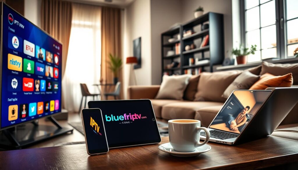 A modern living room scene showcasing various devices compatible with IPTV services. In the foreground, a sleek smart TV displays colorful streaming icons, while next to it is a tablet and a smartphone, all showing the bluefireiptv.com interface. The middle ground features a cozy couch with a laptop open beside a steaming cup of coffee, inviting viewers to enjoy their favorite shows. The background includes a stylish bookshelf and a window with bright natural light filtering in, creating a warm, inviting atmosphere. The image is captured with a wide-angle lens to encapsulate the room's ambiance, emphasizing a sense of accessibility and comfort in watching IPTV on multiple devices. A modern living room scene showcasing various devices compatible with IPTV services. In the foreground, a sleek smart TV displays colorful streaming icons, while next to it is a tablet and a smartphone, all showing the bluefireiptv.com interface. The middle ground features a cozy couch with a laptop open beside a steaming cup of coffee, inviting viewers to enjoy their favorite shows. The background includes a stylish bookshelf and a window with bright natural light filtering in, creating a warm, inviting atmosphere. The image is captured with a wide-angle lens to encapsulate the room's ambiance, emphasizing a sense of accessibility and comfort in watching IPTV on multiple devices.