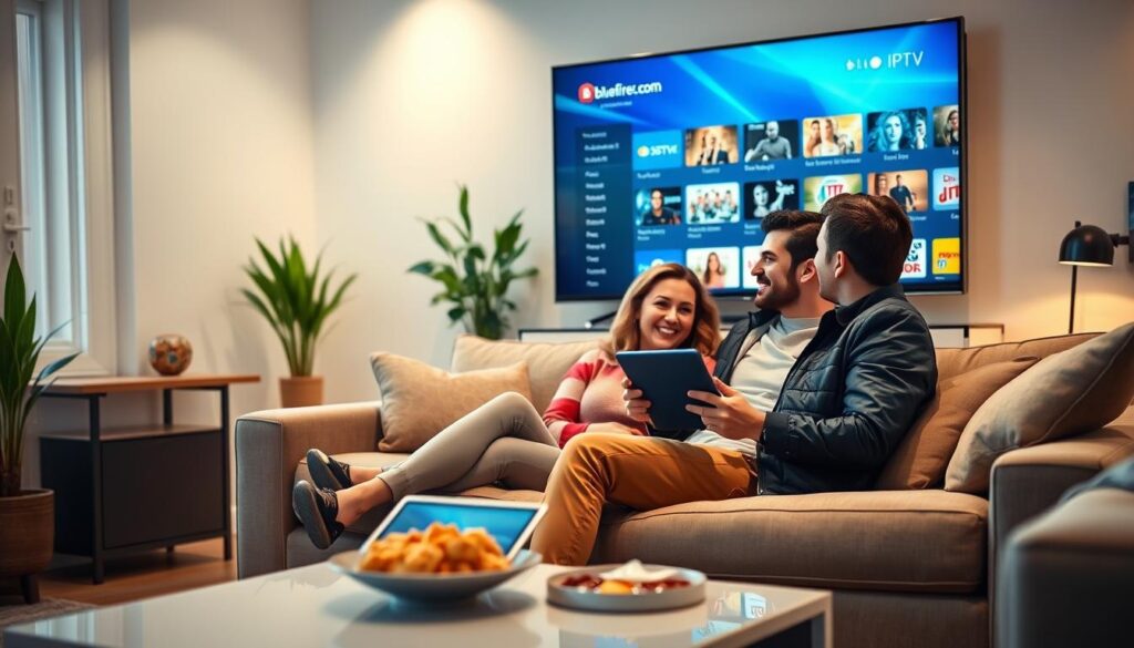 A modern living room setting featuring a couple seated on a comfortable couch, both looking at a large screen displaying a clear and vibrant IPTV interface, showcasing various channels. The foreground includes a sleek coffee table with snacks and a tablet, symbolizing ease of access. In the middle, the couple, dressed in smart casual attire, express satisfaction and engagement with the content. The background features soft, ambient lighting and stylish decor, creating a cozy atmosphere. A subtle representation of the brand "bluefireiptv.com" appears on the TV screen as part of the IPTV interface. The scene captures a mood of relaxation and enjoyment, highlighting the benefits of IPTV free trials for quality assurance. The composition should evoke warmth and comfort, emphasizing the ease and accessibility of premium streaming services. A modern living room setting featuring a couple seated on a comfortable couch, both looking at a large screen displaying a clear and vibrant IPTV interface, showcasing various channels. The foreground includes a sleek coffee table with snacks and a tablet, symbolizing ease of access. In the middle, the couple, dressed in smart casual attire, express satisfaction and engagement with the content. The background features soft, ambient lighting and stylish decor, creating a cozy atmosphere. A subtle representation of the brand "bluefireiptv.com" appears on the TV screen as part of the IPTV interface. The scene captures a mood of relaxation and enjoyment, highlighting the benefits of IPTV free trials for quality assurance. The composition should evoke warmth and comfort, emphasizing the ease and accessibility of premium streaming services.