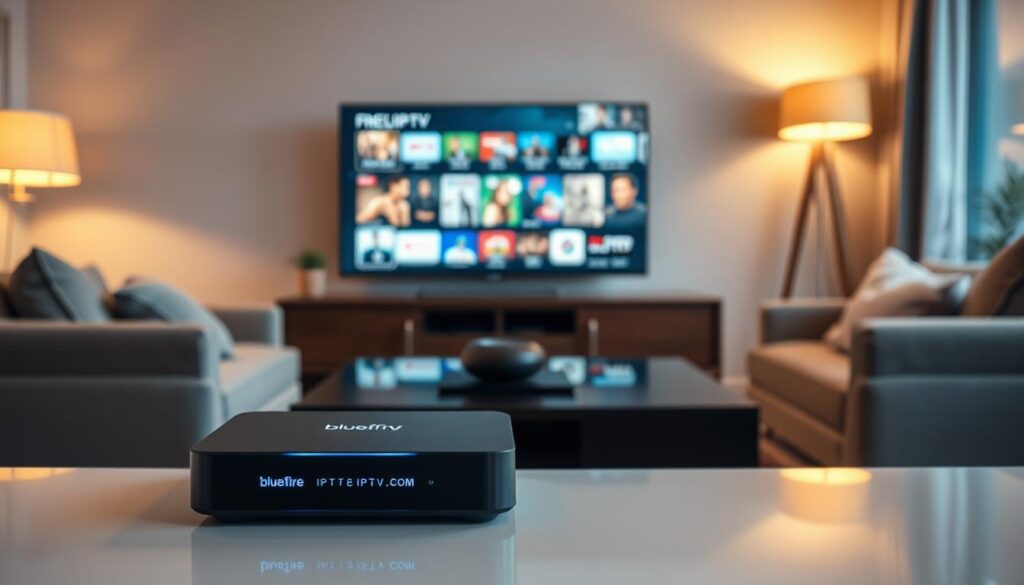 A modern living room setting featuring a sleek IPTV box prominently displayed on a stylish entertainment center. In the foreground, the IPTV box showcases its illuminated interface with brand branding "bluefireiptv.com" subtly integrated. In the middle ground, a high-definition television screen displays popular streaming platforms, emphasizing the entertainment options available. The background includes cozy seating arrangements with soft cushions, and warm ambient lighting from a floor lamp creating a welcoming atmosphere. The scene captures a sense of modern convenience and comfort, suggesting a perfect environment for enjoying content. Use a soft-focus lens effect to highlight the IPTV box, with a slightly elevated angle to reveal the full setup. The overall mood should be inviting and tech-savvy, ideal for UK users seeking an optimal subscription experience.