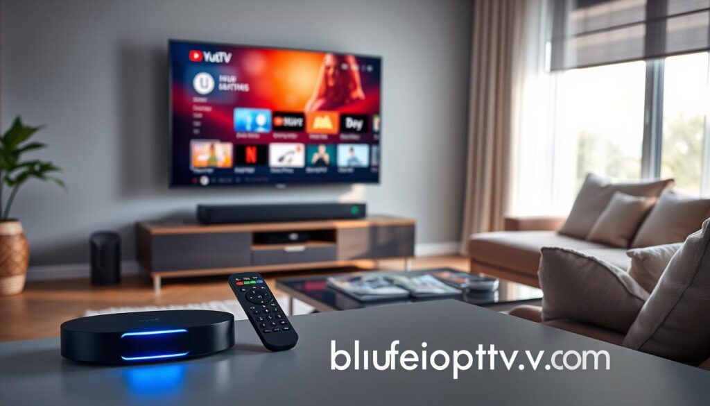 A modern living room setting featuring essential IPTV 4K compatible devices prominently displayed. In the foreground, a sleek 4K streaming device with a glowing LED light, alongside a stylish remote control. In the middle, a high-definition television showcasing a vibrant, colorful menu interface representing IPTV options. An elegant soundbar is positioned beneath the TV. The background includes a cozy sofa with soft pillows and a coffee table with a few tech magazines, creating a homey atmosphere. Soft, natural lighting streams in from a nearby window, casting gentle shadows. The overall mood is inviting and tech-savvy. Incorporate the brand name "bluefireiptv.com" subtly in the design elements of the room, ensuring no text overlays are present.