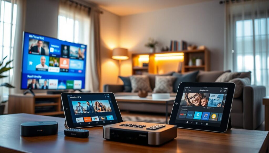 A modern living room setting focused on the latest devices and apps for UK IPTV subscribers. In the foreground, a sleek smart TV displaying vibrant UK channels, surrounded by a streaming device and a tablet showing the bluefireiptv.com app interface. In the middle, a comfortable sofa is adorned with decorative cushions, and a stylish coffee table holds a remote control and snacks. The background features a softly lit bookshelf and a warm, inviting window with sheer curtains, letting in natural light. The scene has a cozy ambiance, emphasizing a relaxed viewing experience. The lighting is soft and diffused, creating a welcoming atmosphere, perfect for family entertainment. A modern living room setting focused on the latest devices and apps for UK IPTV subscribers. In the foreground, a sleek smart TV displaying vibrant UK channels, surrounded by a streaming device and a tablet showing the bluefireiptv.com app interface. In the middle, a comfortable sofa is adorned with decorative cushions, and a stylish coffee table holds a remote control and snacks. The background features a softly lit bookshelf and a warm, inviting window with sheer curtains, letting in natural light. The scene has a cozy ambiance, emphasizing a relaxed viewing experience. The lighting is soft and diffused, creating a welcoming atmosphere, perfect for family entertainment.
