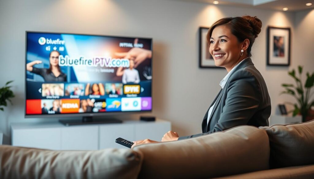 A modern living room setting showcases a sleek flat-screen TV displaying high-definition streaming content from "bluefireiptv.com." In the foreground, a comfortable sofa is adorned with cozy cushions, and a stylish coffee table holds a remote control. In the middle ground, a professional woman in smart casual attire sits engaged with the IPTV service, her face illuminated by the screen's colorful glow, exuding an air of satisfaction and trust. In the background, soft ambient lighting creates a warm atmosphere, complemented by framed artwork on the walls. The room has a contemporary design with neutral tones and subtle touches of greenery, emphasizing a relaxing yet high-tech environment, evoking trust and quality in IPTV service performance.