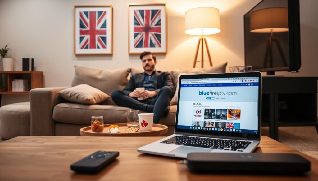 A modern living room setting showcasing a UK viewer enjoying high-definition IPTV content on a large screen TV. The foreground features a stylish coffee table with a remote and a laptop open to the bluefireiptv.com website. In the middle, a cozy couch is filled with plush cushions, where a person in smart casual attire watches the screen with a focused expression, surrounded by snacks and drinks. The background displays a tastefully decorated wall with framed art that reflects a British theme. Soft, warm lighting from a stylish lamp creates an inviting atmosphere, emphasizing relaxation and engagement with the content. The angle captures the viewer's perspective, making it feel immersive and relatable. A modern living room setting showcasing a UK viewer enjoying high-definition IPTV content on a large screen TV. The foreground features a stylish coffee table with a remote and a laptop open to the bluefireiptv.com website. In the middle, a cozy couch is filled with plush cushions, where a person in smart casual attire watches the screen with a focused expression, surrounded by snacks and drinks. The background displays a tastefully decorated wall with framed art that reflects a British theme. Soft, warm lighting from a stylish lamp creates an inviting atmosphere, emphasizing relaxation and engagement with the content. The angle captures the viewer's perspective, making it feel immersive and relatable.