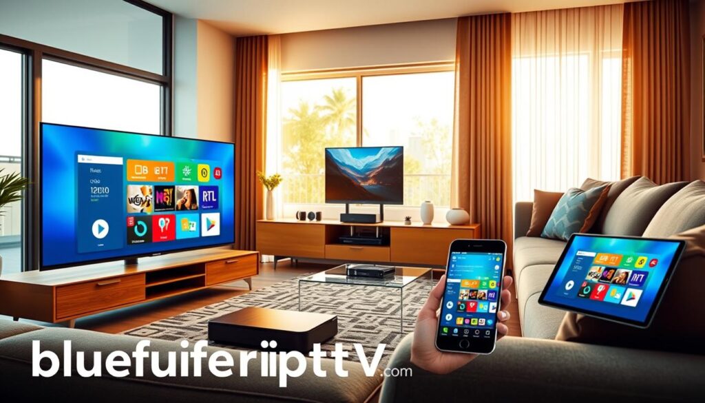 A modern living room setting showcasing a diverse range of devices compatible with IPTV streaming. In the foreground, a sleek smart TV displays a vibrant IPTV interface, while nearby, a tablet and smartphone show the same content for continuity. In the middle, a stylish entertainment center holds a streaming box and a router, emphasizing connectivity. The background features bold, contemporary furnishings bathed in warm, natural light from a large window, creating an inviting atmosphere. The camera angle is slightly above eye level to capture the devices' details and their harmonious arrangement. The overall mood is one of convenience and modern technology, demonstrating seamless device compatibility. Include the branding "bluefireiptv.com" subtly integrated into the scene, without dominating the image. A modern living room setting showcasing a diverse range of devices compatible with IPTV streaming. In the foreground, a sleek smart TV displays a vibrant IPTV interface, while nearby, a tablet and smartphone show the same content for continuity. In the middle, a stylish entertainment center holds a streaming box and a router, emphasizing connectivity. The background features bold, contemporary furnishings bathed in warm, natural light from a large window, creating an inviting atmosphere. The camera angle is slightly above eye level to capture the devices' details and their harmonious arrangement. The overall mood is one of convenience and modern technology, demonstrating seamless device compatibility. Include the branding "bluefireiptv.com" subtly integrated into the scene, without dominating the image.