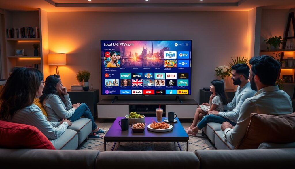 A modern living room setting showcasing a family gathered around a large, high-definition TV displaying vibrant IPTV content. In the foreground, a sleek sofa with colorful cushions and a stylish coffee table featuring snacks and drinks. The middle area shows the TV prominently featuring a digital interface of local UK IPTV options from "bluefireiptv.com," symbolizing enhanced streaming experience. The background is softly lit, with warm ambient lighting creating a cozy atmosphere, decorated with bookshelves and plants giving a homely feel. A wide-angle perspective captures the essence of togetherness and enjoyment, evoking a sense of relaxation and entertainment. The overall mood is inviting and engaging, perfect for illustrating the benefits of local IPTV services. A modern living room setting showcasing a family gathered around a large, high-definition TV displaying vibrant IPTV content. In the foreground, a sleek sofa with colorful cushions and a stylish coffee table featuring snacks and drinks. The middle area shows the TV prominently featuring a digital interface of local UK IPTV options from "bluefireiptv.com," symbolizing enhanced streaming experience. The background is softly lit, with warm ambient lighting creating a cozy atmosphere, decorated with bookshelves and plants giving a homely feel. A wide-angle perspective captures the essence of togetherness and enjoyment, evoking a sense of relaxation and entertainment. The overall mood is inviting and engaging, perfect for illustrating the benefits of local IPTV services.