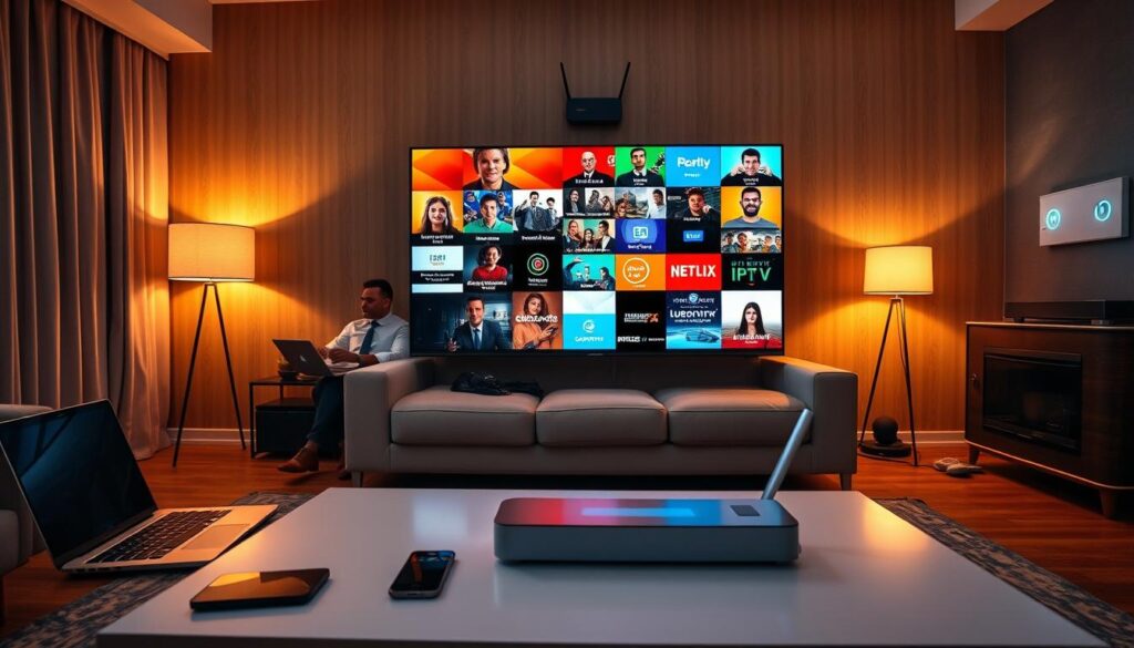 A modern living room setting showcasing a high-definition smart TV displaying vibrant IPTV streaming content. In the foreground, a sleek coffee table with tech gadgets, including a laptop and a smartphone, indicates internet connectivity. The middle ground features a comfortable sofa, with a diverse group of people in business casual attire, engrossed in their IPTV experience. The background includes a wall-mounted router with visible LED indicators, symbolizing strong internet connectivity. Warm, ambient lighting creates a cozy atmosphere, while the vivid colors from the TV screen reflect the engaging content. The overall mood is inviting and informative, presenting a sophisticated environment where viewers experience high-quality channels seamlessly. Include the brand name "bluefireiptv.com" subtly integrated into the room's decor.