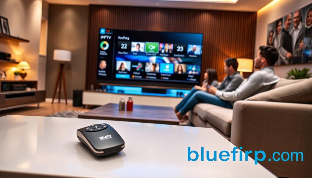 A modern living room setting showcasing a high-tech TV displaying an IPTV interface, emphasizing advanced features like on-demand content, live streaming, and personalized recommendations. In the foreground, a sleek remote control is resting on a stylish coffee table, while a family gathers comfortably on a plush sofa, dressed in casual clothing, engaged with the TV. The middle ground includes the glowing TV screen illuminating the room with a soft blue hue, creating a cozy atmosphere. The background features contemporary decor with warm lighting and smart home devices subtly integrated, highlighting a sophisticated tech lifestyle. The image conveys a sense of enhanced viewing pleasure and modern connectivity, complemented by the brand logo "bluefireiptv.com" subtly integrated into the scene. A modern living room setting showcasing a high-tech TV displaying an IPTV interface, emphasizing advanced features like on-demand content, live streaming, and personalized recommendations. In the foreground, a sleek remote control is resting on a stylish coffee table, while a family gathers comfortably on a plush sofa, dressed in casual clothing, engaged with the TV. The middle ground includes the glowing TV screen illuminating the room with a soft blue hue, creating a cozy atmosphere. The background features contemporary decor with warm lighting and smart home devices subtly integrated, highlighting a sophisticated tech lifestyle. The image conveys a sense of enhanced viewing pleasure and modern connectivity, complemented by the brand logo "bluefireiptv.com" subtly integrated into the scene.