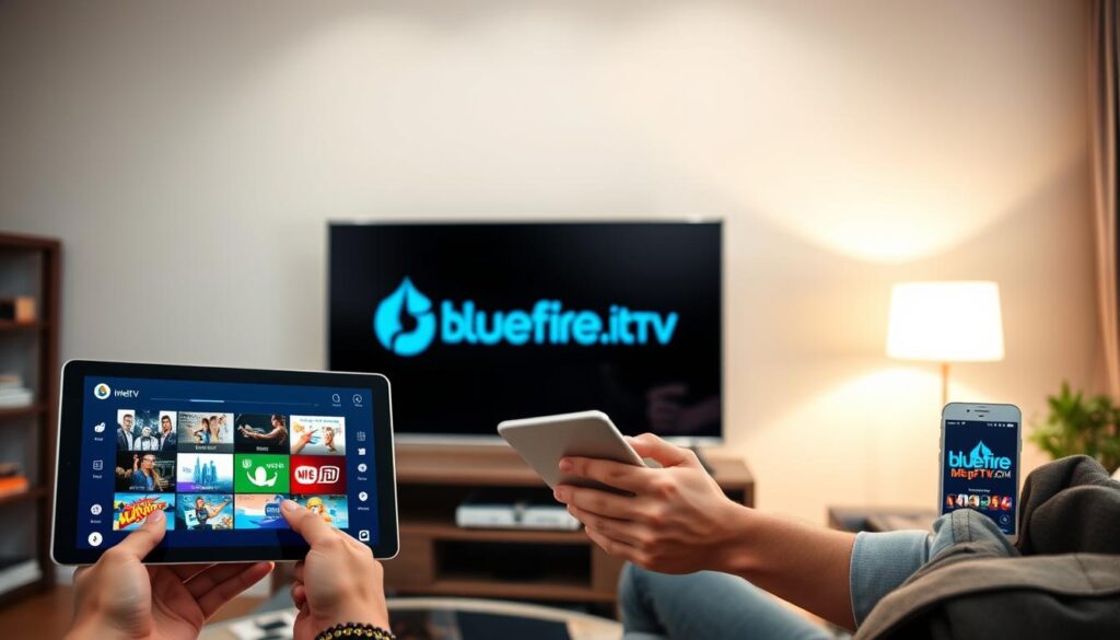 A modern living room setting showcasing a variety of devices illustrating device compatibility for IPTV services, including a smart TV, tablet, and smartphone. In the foreground, a user casually interacts with the tablet, showcasing an engaging user interface with vibrant IPTV visuals. In the middle ground, a sleek, contemporary smart TV displays the bluefireiptv.com logo prominently, while the smartphone shows an elegant IPTV app interface. The background features soft ambient lighting, creating a warm, inviting atmosphere. The scene is captured with a wide-angle lens to emphasize the devices’ functionality together. Highlight a sense of ease and satisfaction on the user’s face, embodying an excellent user experience with IPTV. The overall mood is relaxed and tech-savvy, reflecting modern digital entertainment. A modern living room setting showcasing a variety of devices illustrating device compatibility for IPTV services, including a smart TV, tablet, and smartphone. In the foreground, a user casually interacts with the tablet, showcasing an engaging user interface with vibrant IPTV visuals. In the middle ground, a sleek, contemporary smart TV displays the bluefireiptv.com logo prominently, while the smartphone shows an elegant IPTV app interface. The background features soft ambient lighting, creating a warm, inviting atmosphere. The scene is captured with a wide-angle lens to emphasize the devices’ functionality together. Highlight a sense of ease and satisfaction on the user’s face, embodying an excellent user experience with IPTV. The overall mood is relaxed and tech-savvy, reflecting modern digital entertainment.