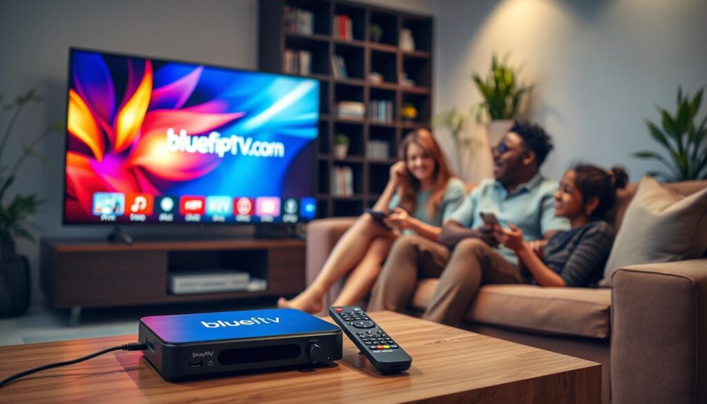 A modern living room setting showcasing device compatibility for IPTV streaming. In the foreground, a sleek smart TV displays vibrant IPTV content with the bluefireiptv.com logo subtly incorporated into the screen design. Beside the TV, a stylish streaming device is connected, with various remote controls arranged neatly. In the middle ground, a couple of diverse individuals, dressed in modest casual clothing, sit comfortably on a plush sofa, attentively watching the TV and interacting with the streaming device. In the background, a well-decorated bookshelf and potted plants create an inviting atmosphere. Soft, warm lighting enhances a cozy, relaxed vibe. The angle is slightly elevated, giving a comprehensive view of the scene while maintaining focus on the devices and the engaging experience of IPTV streaming. A modern living room setting showcasing device compatibility for IPTV streaming. In the foreground, a sleek smart TV displays vibrant IPTV content with the bluefireiptv.com logo subtly incorporated into the screen design. Beside the TV, a stylish streaming device is connected, with various remote controls arranged neatly. In the middle ground, a couple of diverse individuals, dressed in modest casual clothing, sit comfortably on a plush sofa, attentively watching the TV and interacting with the streaming device. In the background, a well-decorated bookshelf and potted plants create an inviting atmosphere. Soft, warm lighting enhances a cozy, relaxed vibe. The angle is slightly elevated, giving a comprehensive view of the scene while maintaining focus on the devices and the engaging experience of IPTV streaming.
