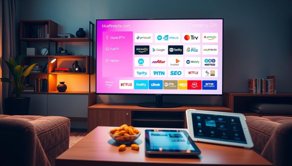 A modern living room setting showcasing the concept of subscription IPTV providers in 2026. In the foreground, a sleek flat-screen TV displays a user-friendly IPTV interface with colorful logos of various subscription services, prominently featuring "bluefireiptv.com". In the middle ground, a stylish coffee table holds a remote control, snacks, and a tablet displaying IPTV options. The background features a contemporary bookshelf with tech-related books and a subtle potted plant enhancing the ambiance. Warm, soft lighting creates an inviting atmosphere, casting gentle shadows. The perspective is from a low angle, emphasizing the coziness of the setting. The mood is relaxed and modern, illustrating the convenience of IPTV in everyday life. A modern living room setting showcasing the concept of subscription IPTV providers in 2026. In the foreground, a sleek flat-screen TV displays a user-friendly IPTV interface with colorful logos of various subscription services, prominently featuring "bluefireiptv.com". In the middle ground, a stylish coffee table holds a remote control, snacks, and a tablet displaying IPTV options. The background features a contemporary bookshelf with tech-related books and a subtle potted plant enhancing the ambiance. Warm, soft lighting creates an inviting atmosphere, casting gentle shadows. The perspective is from a low angle, emphasizing the coziness of the setting. The mood is relaxed and modern, illustrating the convenience of IPTV in everyday life.
