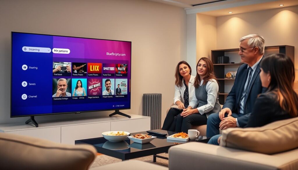 A modern living room setting showcasing the features of British IPTV services, with a sleek flat-screen television prominently displaying a vibrant user interface featuring streaming options and channel listings. In the foreground, a diverse group of three individuals (a British man, a British woman, and a middle-aged British professional) are engaged in a discussion, all dressed in smart casual attire, illustrating the appeal to a UK audience. In the middle ground, a coffee table holds a remote control and snacks, enhancing the relaxed viewing atmosphere. The background features a stylish bookshelf and soft lighting, creating a warm, inviting mood. Ensure the branding "bluefireiptv.com" is subtly integrated into the television interface, reflecting a professional and informative vibe. A modern living room setting showcasing the features of British IPTV services, with a sleek flat-screen television prominently displaying a vibrant user interface featuring streaming options and channel listings. In the foreground, a diverse group of three individuals (a British man, a British woman, and a middle-aged British professional) are engaged in a discussion, all dressed in smart casual attire, illustrating the appeal to a UK audience. In the middle ground, a coffee table holds a remote control and snacks, enhancing the relaxed viewing atmosphere. The background features a stylish bookshelf and soft lighting, creating a warm, inviting mood. Ensure the branding "bluefireiptv.com" is subtly integrated into the television interface, reflecting a professional and informative vibe.