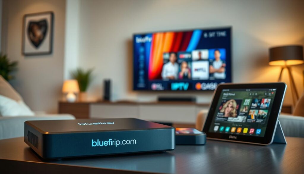 A modern living room setting showcasing various compatible IPTV devices arranged neatly on a stylish media console. In the foreground, a sleek IPTV box with the brand name "bluefireiptv.com" prominently displayed. To the right, a tablet and smartphone streaming content, reflecting a seamless connection. In the middle, a chic television screen showing a user-friendly IPTV interface with vivid colors for an engaging look. The background features a cozy ambiance with warm lighting, soft furnishings, and minimalistic decor, conveying a sense of comfort and ease. The angle is slightly elevated, capturing the setup from a perspective that emphasizes the user-friendly nature of IPTV services. The overall mood is inviting, emphasizing accessibility and modern technology for home entertainment. A modern living room setting showcasing various compatible IPTV devices arranged neatly on a stylish media console. In the foreground, a sleek IPTV box with the brand name "bluefireiptv.com" prominently displayed. To the right, a tablet and smartphone streaming content, reflecting a seamless connection. In the middle, a chic television screen showing a user-friendly IPTV interface with vivid colors for an engaging look. The background features a cozy ambiance with warm lighting, soft furnishings, and minimalistic decor, conveying a sense of comfort and ease. The angle is slightly elevated, capturing the setup from a perspective that emphasizes the user-friendly nature of IPTV services. The overall mood is inviting, emphasizing accessibility and modern technology for home entertainment.