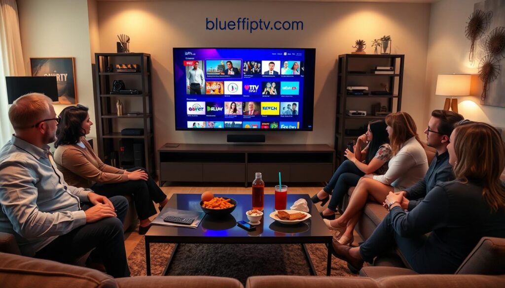 A modern living room setting where a group of diverse viewers, dressed in smart casual attire, are enjoying a large screen displaying vibrant IPTV content. In the foreground, a sleek coffee table is adorned with snacks and drinks, while a remote control lies casually nearby. In the middle ground, the TV screen showcases an array of colorful streaming options, symbolizing the diverse channels and features of subscription IPTV. The background features a stylish bookshelf with various electronic devices, indicating modern technology. The scene is illuminated with warm, inviting lighting, creating a cozy atmosphere. A subtle hint of the brand "bluefireiptv.com" is integrated into a decorative element on the wall, ensuring it remains professional and unobtrusive, while encapsulating the benefits of subscription IPTV over traditional TV. A modern living room setting where a group of diverse viewers, dressed in smart casual attire, are enjoying a large screen displaying vibrant IPTV content. In the foreground, a sleek coffee table is adorned with snacks and drinks, while a remote control lies casually nearby. In the middle ground, the TV screen showcases an array of colorful streaming options, symbolizing the diverse channels and features of subscription IPTV. The background features a stylish bookshelf with various electronic devices, indicating modern technology. The scene is illuminated with warm, inviting lighting, creating a cozy atmosphere. A subtle hint of the brand "bluefireiptv.com" is integrated into a decorative element on the wall, ensuring it remains professional and unobtrusive, while encapsulating the benefits of subscription IPTV over traditional TV.