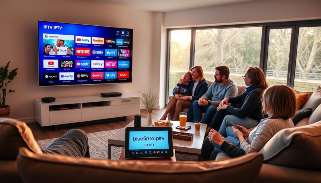 A modern living room setting with a cozy atmosphere, featuring a sleek television displaying a vibrant IPTV interface, showcasing various British channels streaming live. In the foreground, a family of four—dressed in smart casual clothing—sits comfortably on a stylish sofa, enjoying their viewing experience. The middle of the scene includes a stylish coffee table adorned with snacks and drinks, alongside a remote control and a tablet displaying the website “bluefireiptv.com” on its screen. In the background, large windows allow natural light to flood the room, enhancing the warmth and inviting ambiance. The lighting is soft and warm, creating a relaxed mood, while the overall composition emphasizes the connectivity and benefits of IPTV subscriptions for UK viewers in 2026. A modern living room setting with a cozy atmosphere, featuring a sleek television displaying a vibrant IPTV interface, showcasing various British channels streaming live. In the foreground, a family of four—dressed in smart casual clothing—sits comfortably on a stylish sofa, enjoying their viewing experience. The middle of the scene includes a stylish coffee table adorned with snacks and drinks, alongside a remote control and a tablet displaying the website “bluefireiptv.com” on its screen. In the background, large windows allow natural light to flood the room, enhancing the warmth and inviting ambiance. The lighting is soft and warm, creating a relaxed mood, while the overall composition emphasizes the connectivity and benefits of IPTV subscriptions for UK viewers in 2026.