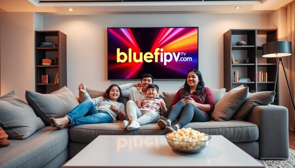 A modern living room setting with a high-definition television displaying vibrant IPTV content, showcasing the logo of bluefireiptv.com. In the foreground, a cozy couch with pillows, a sleek coffee table with a remote, and a bowl of popcorn. In the middle, family members—two adults and a child—relaxing in comfortable, modest casual clothing, looking excited as they engage with the television. Soft, warm lighting creates a welcoming atmosphere. The background features bookshelves and a stylish lamp to enhance the cozy ambiance. The angle captures the excitement on the family's faces while showcasing the clarity and quality of the IPTV service. The overall mood is engaging, modern, and inviting.
