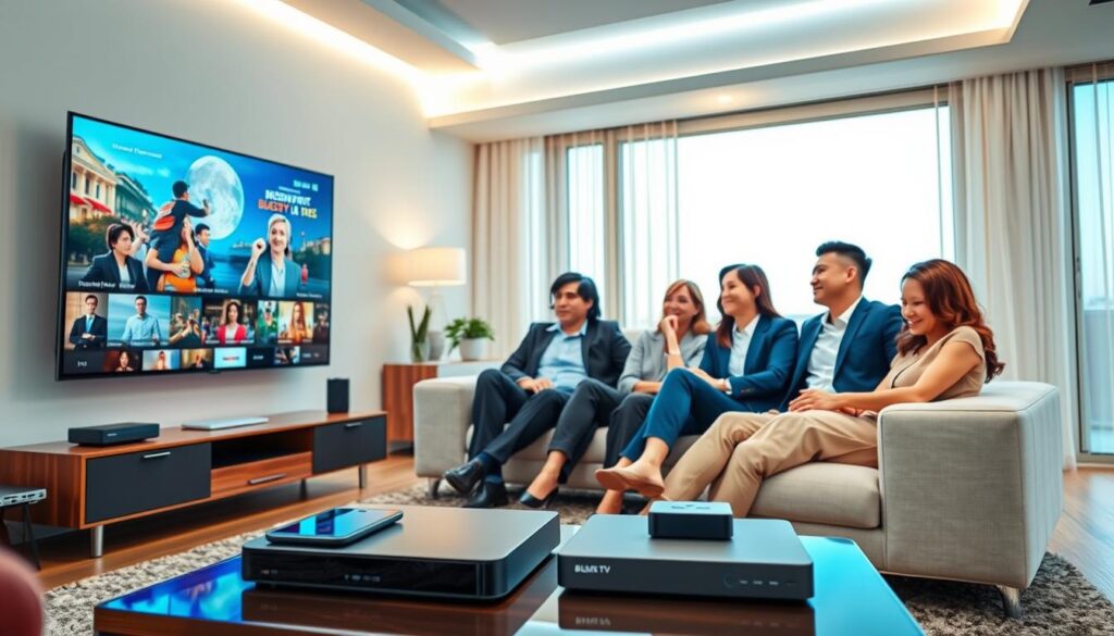 A modern living room setting with a sleek flat-screen TV displaying vibrant streaming content, representing high-quality IPTV service. In the foreground, a stylish coffee table features various devices, such as a smartphone, tablet, and streaming device, symbolizing device compatibility. The middle ground shows a cozy sofa occupied by a diverse group of people in professional business attire, enjoying seamless entertainment, reflecting community engagement. The background displays a well-lit room with soft ambient lighting, emphasizing a relaxed atmosphere. Through a window, a glimpse of a clear sky suggests stability and reliability. Create a sense of excitement and comfort while reflecting the brand "bluefireiptv.com" in an elegant way, with no text or overlays.