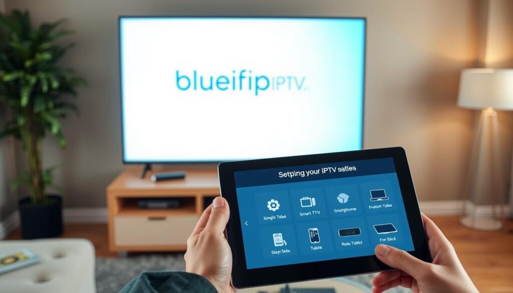 A modern living room setting with a sleek smart TV displaying the "bluefireiptv.com" logo on the screen. In the foreground, a person in professional business attire is holding a tablet with step-by-step instructions for setting up IPTV, including icons for device compatibility (smart TV, smartphone, tablet). In the middle, a clear layout of cables and a streaming device, like a Roku or Amazon Fire Stick, is shown next to the TV. The background features a cozy atmosphere with soft lighting, accentuated by natural light coming through a window, creating a welcoming and informative mood. The scene is captured at a slightly elevated angle, focusing on the interaction with the technology, ensuring a professional and engaging depiction of setting up IPTV.