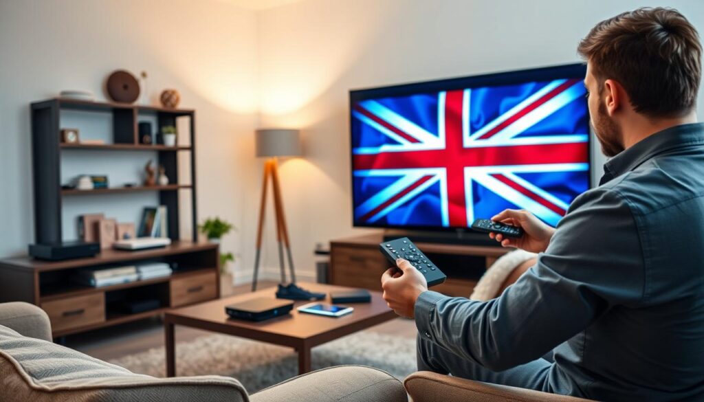 A modern living room setting with a sleek television displaying the British flag, signifying UK streaming services. In the foreground, a person in casual business attire is adjusting a set-top box, with an IPTV remote in hand, focused and engaged. The middle ground features a cozy sofa with cushions, a coffee table cluttered with tech gadgets like a tablet and smartphone. The background has warm lighting from a floor lamp, creating a welcoming atmosphere, with a shelf displaying UK-themed decor. Soft shadows enhance the room's depth, as natural light filters through a window, giving a clear view of the device setup. Include a logo for "bluefireiptv.com" subtly visible on the screen, ensuring the focus remains on the IPTV installation scene.