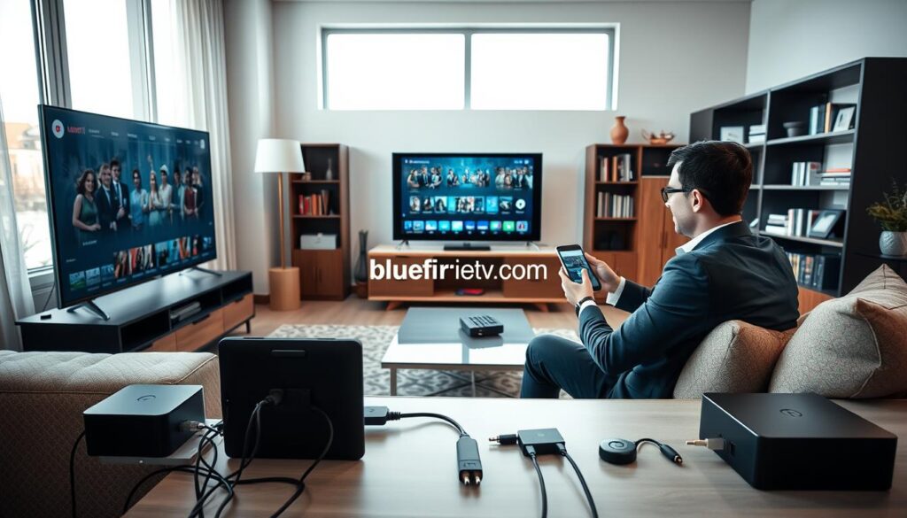 A modern living room setting with multiple devices, including a smart TV, tablet, and smartphone, all displaying IPTV services. In the foreground, a person in professional business attire is seated on a comfortable couch, focused on setting up the devices. The middle ground features various devices connected with visible cables and adapters, showcasing compatibility issues. The background contains a stylish entertainment unit with books and decorative items, creating a cozy atmosphere. Soft, natural lighting from a large window enhances the scene, and the image is captured from a slightly elevated angle to emphasize device interaction. The mood is productive and insightful, highlighting the importance of device compatibility for IPTV subscriptions. Include the brand name "bluefireiptv.com" subtly within the scene without overt displays.