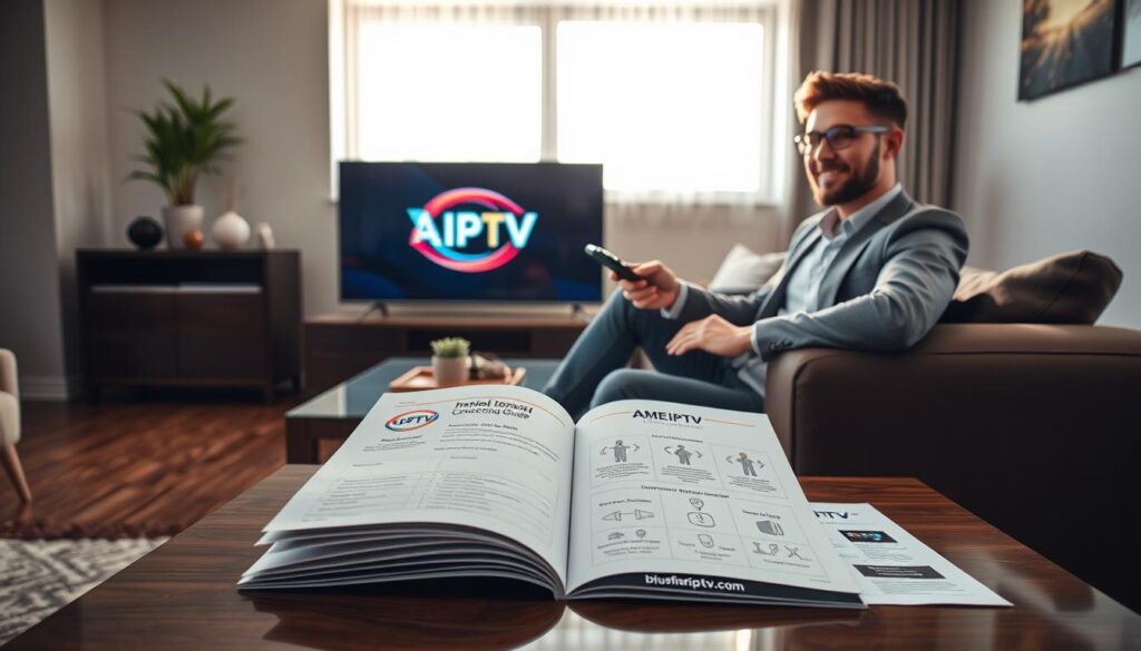 A modern living room setting with sleek, comfortable furniture, showcasing a large television displaying the America IPTV logo prominently. In the foreground, a tech-savvy individual, dressed in casual business attire, sits on a stylish couch, holding a remote control, with a look of satisfaction while streaming content. In the middle, an open user manual and an easy-to-follow installation guide are spread out on the coffee table, featuring clear illustrations and icons for connection steps. The background reveals a window with natural sunlight streaming in, creating a warm and inviting atmosphere. The overall mood conveys ease and accessibility, with a focus on technology that enhances viewing experiences. Highlight the website bluefireiptv.com subtly integrated into the installation guide. The image is brightly lit, using a soft focus lens to emphasize the comfortable setting.