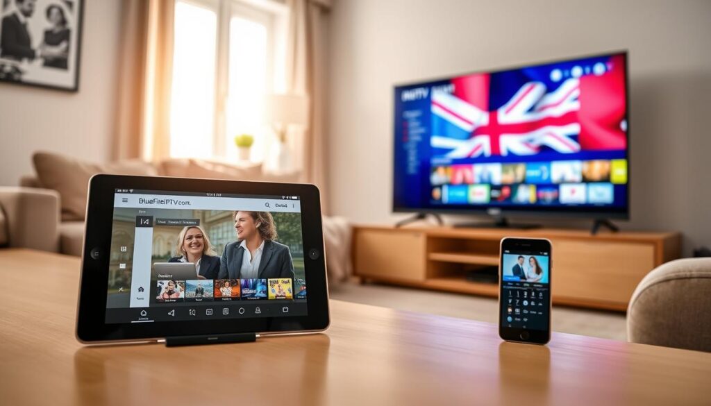 A modern living room setup showcases various devices compatible with IPTV services, including a smart TV, a tablet, and a smartphone. The foreground features the tablet displaying the bluefireiptv.com app interface, while the smart TV shows a vibrant UK streaming channel. In the middle ground, a comfortable couch with a plush throw invites relaxation. The background has a window with soft natural light pouring in, creating a warm and inviting atmosphere. The scene is captured from a slight angle to emphasize the devices and their functionality. The overall mood is tech-savvy and cozy, portraying the ease of accessing IPTV services across multiple platforms, emphasizing user-friendly features and seamless integration. No people are present in the image.
