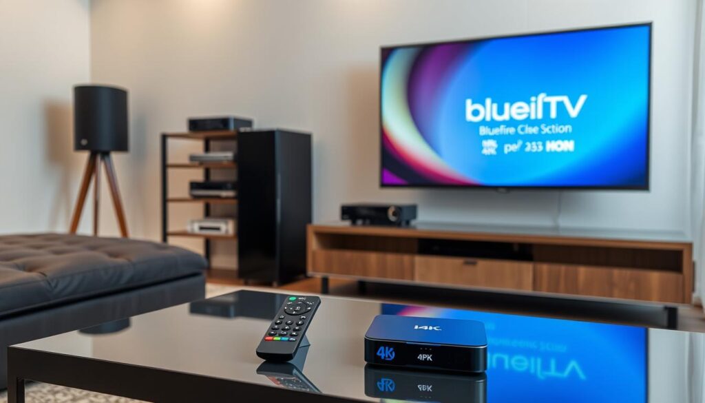 A modern living room setup showcasing an IPTV 4K service installation. In the foreground, a sleek television adorned with a vibrant 4K display shows the bluefireiptv.com logo. On a stylish coffee table, a user-friendly remote control and a compact IPTV box are prominently placed, demonstrating ease of access. In the middle ground, a wall with neatly arranged multimedia equipment, including a sound system and streaming devices, reflects an organized setup. The background features soft natural light filtering through sheer curtains, creating a warm, inviting atmosphere. The scene is captured from a slightly elevated angle, emphasizing simplicity and clarity, perfect for a step-by-step guide imagery. The mood is professional yet approachable, inviting viewers to engage with the content seamlessly.