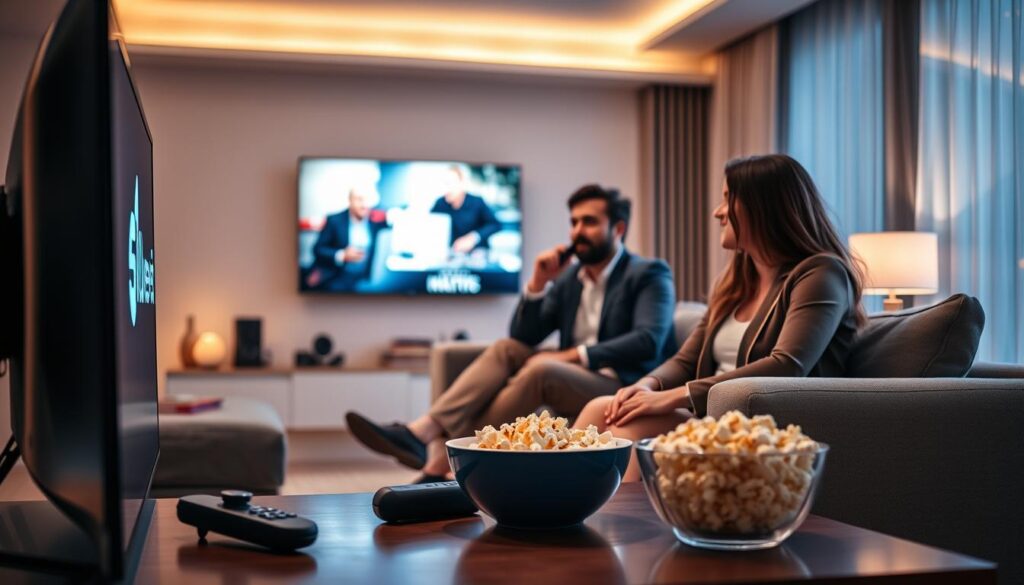 A modern living room setup showcasing the top-rated UK IPTV services in 2026. In the foreground, a sleek television screen displays the logo of "bluefireiptv.com" glowing vibrantly. A stylish coffee table is adorned with a remote control and a bowl of popcorn, signifying a cozy viewing experience. The middle layer features a comfortable couch with a young professional couple, dressed in smart casual attire, enjoying their streaming service. They exhibit expressions of excitement and engagement, immersed in a thriller film. The background reveals a tasteful décor with soft, ambient lighting illuminating the room, casting warm reflections on the walls. The overall mood is inviting, emphasizing reliability and enjoyment in home entertainment.
