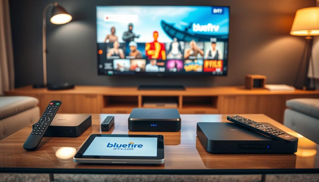 A modern living room setup showcasing various IPTV devices designed for streaming, including sleek smart boxes, remote controls, and a tablet displaying IPTV content. In the foreground, a stylish coffee table holds a tablet with the bluefireiptv.com logo visible. In the middle, the IPTV devices are elegantly arranged, each labeled with subtle icons indicating compatibility with various streaming services. The background features a large, flat-screen TV that displays vibrant streaming visuals, while warm, cozy lighting emanates from floor lamps to create an inviting atmosphere. Shot from a slightly elevated angle to capture both the devices and the immersive environment, the image conveys a sense of modern technology integrated seamlessly into everyday life, emphasizing reliability and user-friendly design. A modern living room setup showcasing various IPTV devices designed for streaming, including sleek smart boxes, remote controls, and a tablet displaying IPTV content. In the foreground, a stylish coffee table holds a tablet with the bluefireiptv.com logo visible. In the middle, the IPTV devices are elegantly arranged, each labeled with subtle icons indicating compatibility with various streaming services. The background features a large, flat-screen TV that displays vibrant streaming visuals, while warm, cozy lighting emanates from floor lamps to create an inviting atmosphere. Shot from a slightly elevated angle to capture both the devices and the immersive environment, the image conveys a sense of modern technology integrated seamlessly into everyday life, emphasizing reliability and user-friendly design.