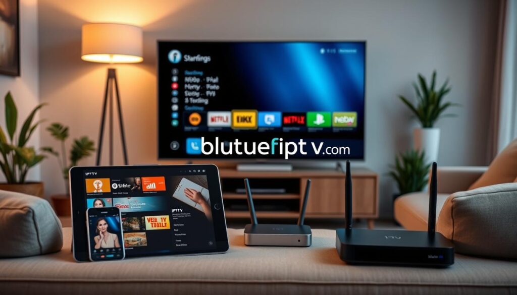 A modern living room setup showcasing various devices for IPTV subscription installation. In the foreground, a smart TV displays an IPTV interface with colorful streaming options. Beside it, a tablet and a smartphone are positioned, illustrating multi-device compatibility. In the background, a stylish entertainment center features a digital streaming box connected to a sleek router. The room is well-lit with warm, inviting light coming from a floor lamp. A comfortable sofa and decorative plants enhance the cozy atmosphere. The overall mood conveys a sense of ease and accessibility in technology. Include the brand logo "bluefireiptv.com" subtly integrated within the TV interface, ensuring a seamless visual experience.