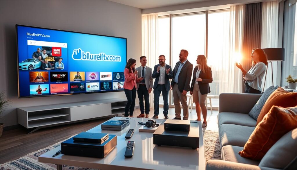 A modern living room, showcasing a sleek, futuristic television displaying streaming options with the logo "bluefireiptv.com" prominently featured on the screen. In the foreground, a diverse group of people in professional business attire, engaged and discussing their viewing options, radiating excitement and interest in IPTV technology. The middle layer includes a stylish coffee table with streaming devices, smart remotes, and digital gadgets, creating a tech-savvy atmosphere. In the background, large windows allow soft, natural light to fill the room, enhancing the welcoming environment. The overall mood conveys innovation and the importance of quality streaming experiences in 2026, with a vibrant color palette reflecting modern design aesthetics. The angle captures both the excitement of the users and the technology seamlessly integrated into the space.