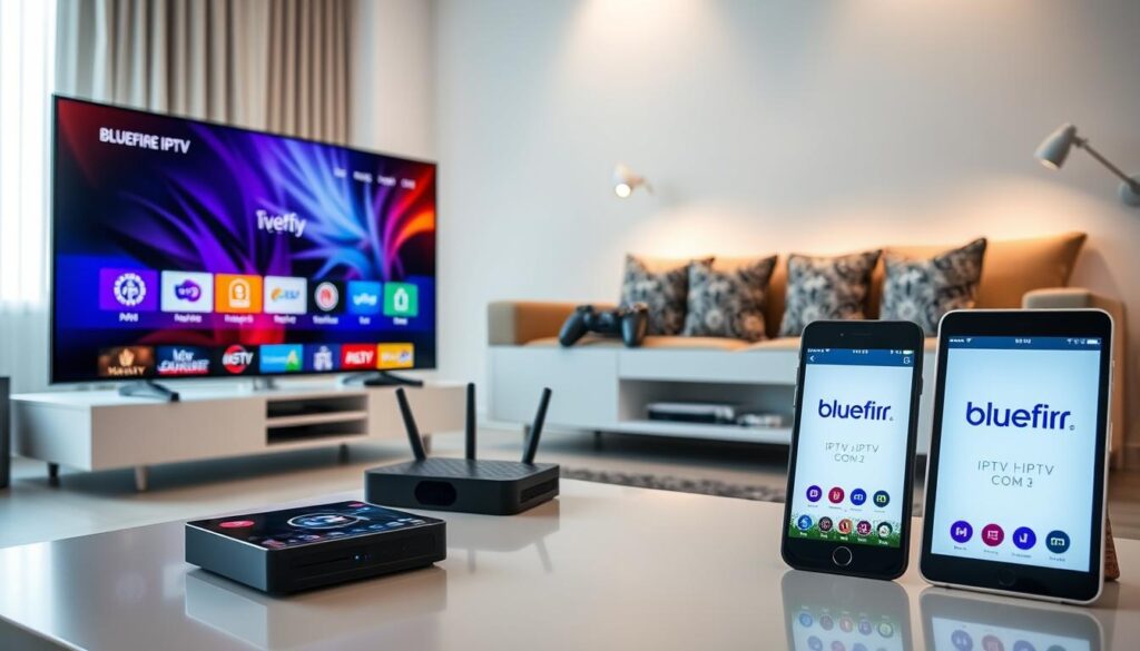 A modern living room showcasing device compatibility for IPTV services. In the foreground, a sleek smart TV displaying a vibrant IPTV interface with various app logos. To the right, a smartphone and tablet, both showcasing the bluefireiptv.com app on their screens. In the middle ground, a stylish entertainment unit with a streaming box, gaming console, and a router glowing softly, symbolizing connectivity. The background features a cozy sofa with decorative cushions, soft ambient lighting creating a welcoming atmosphere. The scene is viewed from a slight angle to provide depth, emphasizing the harmony between technology and home comfort. A clean, polished aesthetic reflects a tech-savvy environment without any text, ensuring clarity and focus on device integration. A modern living room showcasing device compatibility for IPTV services. In the foreground, a sleek smart TV displaying a vibrant IPTV interface with various app logos. To the right, a smartphone and tablet, both showcasing the bluefireiptv.com app on their screens. In the middle ground, a stylish entertainment unit with a streaming box, gaming console, and a router glowing softly, symbolizing connectivity. The background features a cozy sofa with decorative cushions, soft ambient lighting creating a welcoming atmosphere. The scene is viewed from a slight angle to provide depth, emphasizing the harmony between technology and home comfort. A clean, polished aesthetic reflects a tech-savvy environment without any text, ensuring clarity and focus on device integration.