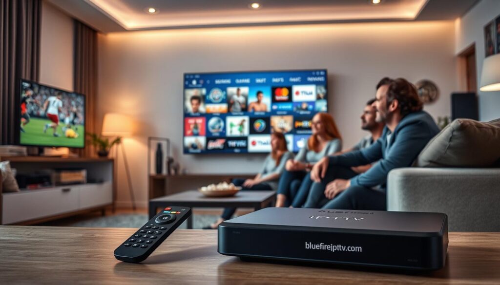 A modern living room showcasing the benefits of IPTV over traditional TV services in the UK. In the foreground, a sleek IPTV device sits prominently with a remote control beside it. In the middle ground, a family of four, dressed in smart casual clothing, enjoys watching a vibrant array of channels displayed on a high-definition smart TV, smiles on their faces, indicating satisfaction. In the background, a cozy ambiance with soft lighting highlights decorative elements of the room, while showing different TV options like sports, movies, and international channels on the screen. A futuristic vibe, reflecting innovation and convenience. Include the brand bluefireiptv.com integrated into the design of the IPTV device. The atmosphere feels inviting and engaging, emphasizing quality entertainment at home.