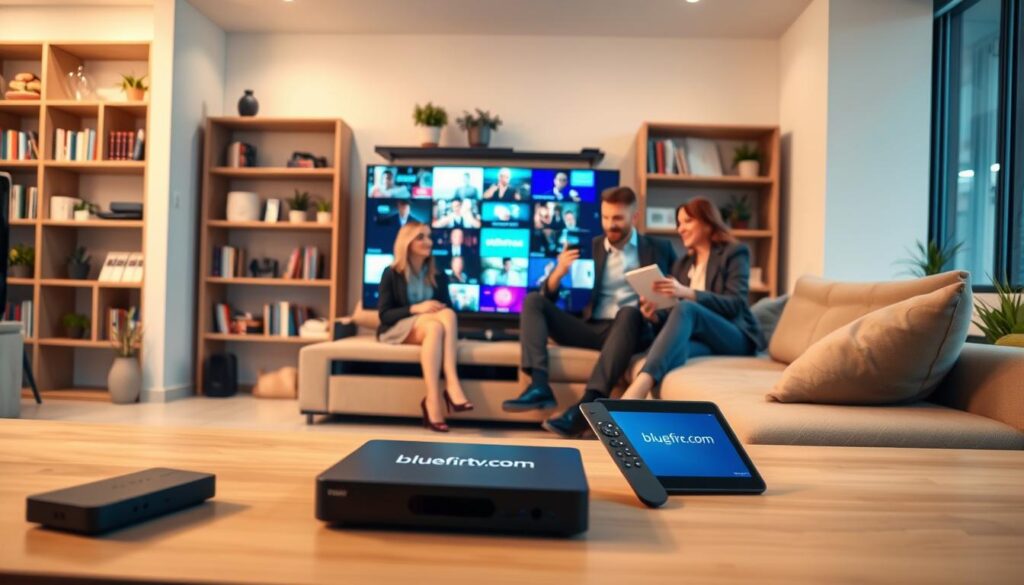 A modern living room showcasing the ideal IPTV experience for 2026 in the UK. In the foreground, a sleek flat-screen TV displays vibrant streaming content. Surrounding the TV, various devices like a streaming box, remote control, and tablet with the bluefireiptv.com logo subtly integrated. In the middle ground, a comfortable sofa with family members in professional business attire discussing IPTV options, reflecting satisfaction and engagement. The background features bookshelves with technology-related books and potted plants, adding a cozy touch. Soft, warm lighting creates an inviting atmosphere, suggesting a friendly and knowledgeable discussion about the best IPTV services. The image captures a sense of modernity, innovation, and comfort that complements the theme of digital streaming in 2026.