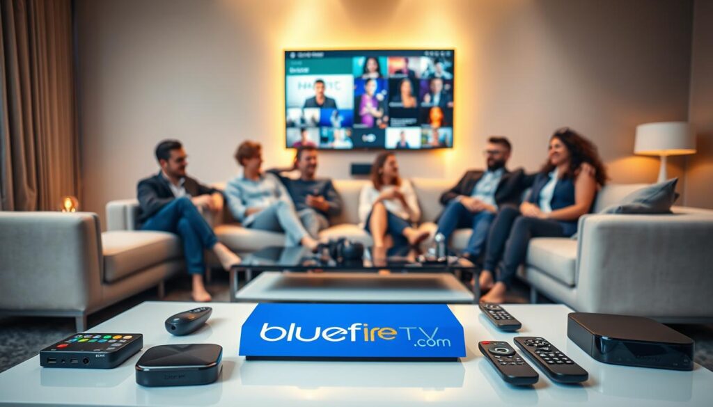 A modern living room showcasing various IPTV devices and a sleek television displaying a vibrant user interface. In the foreground, a stylish coffee table features the brand logo "bluefireiptv.com", surrounded by colorful streaming device icons and remote controls. The middle ground includes a cozy sofa occupied by a diverse group of individuals, clad in smart casual attire, discussing their favorite shows with expressions of enthusiasm and satisfaction. The background is softly lit, highlighting a wall-mounted TV where scenes from popular entertainment content are visible, creating an inviting and dynamic atmosphere suitable for home entertainment discussions. Warm, ambient lighting enhances the mood, suggesting comfort and engagement with IPTV services. A modern living room showcasing various IPTV devices and a sleek television displaying a vibrant user interface. In the foreground, a stylish coffee table features the brand logo "bluefireiptv.com", surrounded by colorful streaming device icons and remote controls. The middle ground includes a cozy sofa occupied by a diverse group of individuals, clad in smart casual attire, discussing their favorite shows with expressions of enthusiasm and satisfaction. The background is softly lit, highlighting a wall-mounted TV where scenes from popular entertainment content are visible, creating an inviting and dynamic atmosphere suitable for home entertainment discussions. Warm, ambient lighting enhances the mood, suggesting comfort and engagement with IPTV services.