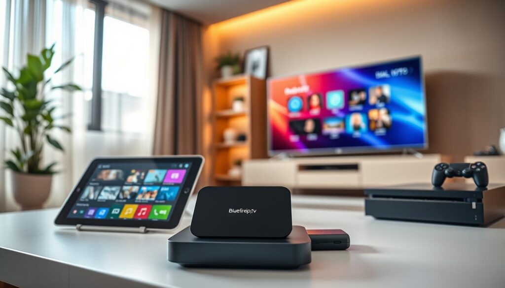 A modern living room showcasing various devices compatible with IPTV services. In the foreground, prominently display a sleek smart TV with vibrant colors on the screen, indicating streaming content. To the left, a stylish tablet rests on a coffee table, showcasing the bluefireiptv.com interface. On the right, a compact streaming box with an elegant design sits next to a game console. The background features a cozy wall with minimalistic decor, warm lighting creating a relaxing atmosphere. Soft natural light streams in from a window, enhancing the inviting mood. Capture this scene with a balanced composition, focusing on the devices in a sharp focus while the background slightly blurs, adding depth and context to the setting.