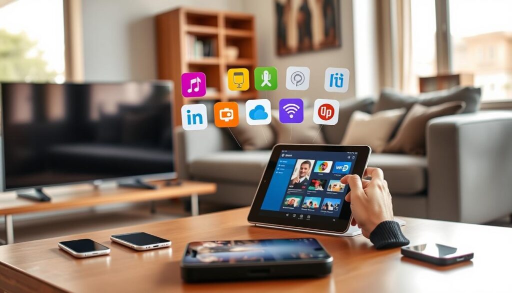 A modern living room showcasing various smart devices compatible with an IPTV subscription, such as a sleek flat-screen TV, a tablet, and a smartphone on a stylish coffee table. In the foreground, a user is easily setting up an IPTV app on the tablet, wearing casual yet professional clothing. Natural light enters through a large window, creating a warm and inviting atmosphere. In the middle ground, colorful icons represent different app integrations floating above the devices, illustrating ease of setup. The background reveals a cozy sofa with a blurred bookshelf for a homey touch. The overall mood is friendly and efficient, emphasizing the accessibility of "bluefireiptv.com" and the user-friendly technology. A modern living room showcasing various smart devices compatible with an IPTV subscription, such as a sleek flat-screen TV, a tablet, and a smartphone on a stylish coffee table. In the foreground, a user is easily setting up an IPTV app on the tablet, wearing casual yet professional clothing. Natural light enters through a large window, creating a warm and inviting atmosphere. In the middle ground, colorful icons represent different app integrations floating above the devices, illustrating ease of setup. The background reveals a cozy sofa with a blurred bookshelf for a homey touch. The overall mood is friendly and efficient, emphasizing the accessibility of "bluefireiptv.com" and the user-friendly technology.