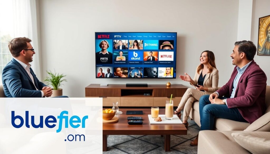 A modern living room with a sleek flat-screen TV displaying vibrant IPTV graphics on the screen, showcasing various streaming options and channels. In the foreground, a diverse group of three individuals—two men and a woman—are engaged in enthusiastic discussion, dressed in smart casual attire, embodying a relaxed yet professional atmosphere. The middle ground features a stylish coffee table with remote controls, snacks, and drinks, contributing to a cozy, inviting feel. In the background, a large window allows soft natural light to stream in, enhancing the room’s modern décor. The overall mood is optimistic and forward-looking, reflecting the excitement of transitioning to IPTV in the UK by 2026. The brand "bluefireiptv.com" is subtly integrated into the IPTV graphics on the screen without any direct branding. A modern living room with a sleek flat-screen TV displaying vibrant IPTV graphics on the screen, showcasing various streaming options and channels. In the foreground, a diverse group of three individuals—two men and a woman—are engaged in enthusiastic discussion, dressed in smart casual attire, embodying a relaxed yet professional atmosphere. The middle ground features a stylish coffee table with remote controls, snacks, and drinks, contributing to a cozy, inviting feel. In the background, a large window allows soft natural light to stream in, enhancing the room’s modern décor. The overall mood is optimistic and forward-looking, reflecting the excitement of transitioning to IPTV in the UK by 2026. The brand "bluefireiptv.com" is subtly integrated into the IPTV graphics on the screen without any direct branding.