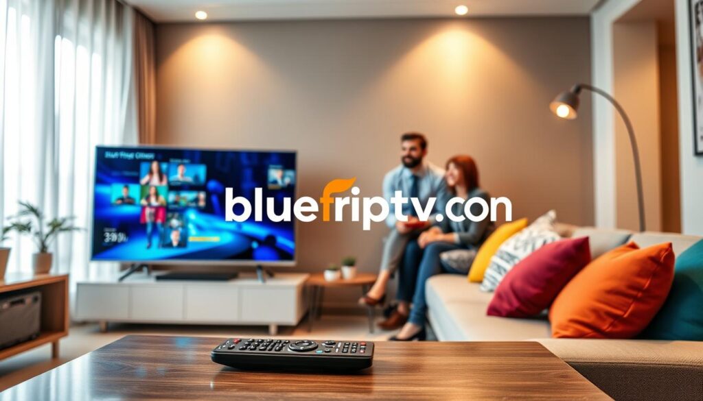 A modern living room with a state-of-the-art television displaying vibrant, high-definition IPTV content, illustrating streaming quality and reliability. In the foreground, a sleek remote control rests on a contemporary coffee table. The middle ground features a comfortable sofa adorned with colorful cushions, and a family casually enjoying their viewing experience in professional attire, conveying a sense of leisure and reliability. In the background, soft daylight filters through sheer curtains, creating a warm and inviting atmosphere. The image should focus on the crisp visual quality of the TV screen, highlighting the logo of "bluefireiptv.com" subtly integrated into the displayed content. The overall mood is relaxed and satisfied, capturing the essence of premium IPTV service.