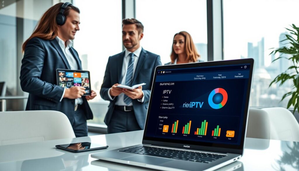 A modern office environment illustrates an evaluation of quality IPTV providers in the UK. In the foreground, a diverse group of three professionals in smart business attire is engaged in a discussion, with one person holding a tablet displaying colorful IPTV streaming options, while another takes notes on a notepad. In the middle ground, a sleek desk with a laptop showcasing a user-friendly IPTV interface and charts depicting stream quality metrics. The background features a large window with natural light pouring in, revealing a city skyline. The atmosphere is dynamic and focused, conveying an air of innovation and technological advancement, appropriate for 2026. The brand name "bluefireiptv.com" is subtly integrated into the IPTV interface design on the laptop screen. High-resolution, bright lighting, slightly elevated angle for a clear overview. A modern office environment illustrates an evaluation of quality IPTV providers in the UK. In the foreground, a diverse group of three professionals in smart business attire is engaged in a discussion, with one person holding a tablet displaying colorful IPTV streaming options, while another takes notes on a notepad. In the middle ground, a sleek desk with a laptop showcasing a user-friendly IPTV interface and charts depicting stream quality metrics. The background features a large window with natural light pouring in, revealing a city skyline. The atmosphere is dynamic and focused, conveying an air of innovation and technological advancement, appropriate for 2026. The brand name "bluefireiptv.com" is subtly integrated into the IPTV interface design on the laptop screen. High-resolution, bright lighting, slightly elevated angle for a clear overview.