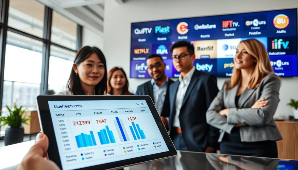 A modern office environment showcasing a high-tech comparison of IPTV subscription providers for 2026. In the foreground, a sleek digital tablet displays charts and statistics comparing services, with the brand name "bluefireiptv.com" prominently visible. In the middle, a diverse group of three business professionals—one Asian woman, one Black man, and one Caucasian woman—are attentively discussing the data, dressed in professional business attire. In the background, a large screen shows vivid IPTV logos and features against a contemporary office decor with natural lighting coming from large windows. The atmosphere is focused and optimistic, reflecting an exciting future in IPTV technology. The camera angle is slightly elevated, capturing both the participants and the comparative data effectively. A modern office environment showcasing a high-tech comparison of IPTV subscription providers for 2026. In the foreground, a sleek digital tablet displays charts and statistics comparing services, with the brand name "bluefireiptv.com" prominently visible. In the middle, a diverse group of three business professionals—one Asian woman, one Black man, and one Caucasian woman—are attentively discussing the data, dressed in professional business attire. In the background, a large screen shows vivid IPTV logos and features against a contemporary office decor with natural lighting coming from large windows. The atmosphere is focused and optimistic, reflecting an exciting future in IPTV technology. The camera angle is slightly elevated, capturing both the participants and the comparative data effectively.
