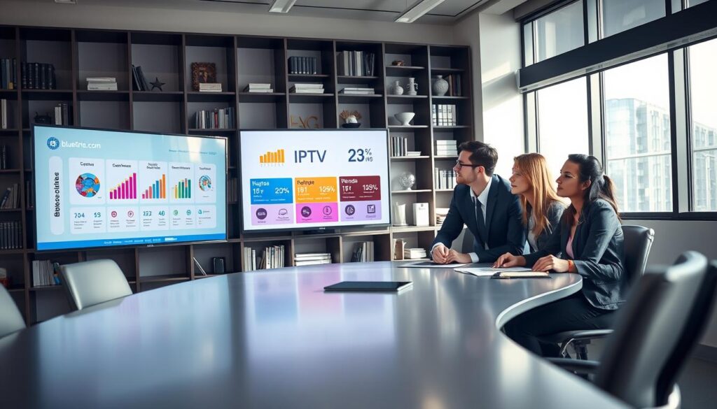 A modern office setting with a sleek conference table in the foreground, where a diverse group of three professionals, dressed in smart business attire, intently compares IPTV subscription plans displayed on a large digital screen. The middle ground features colorful charts and graphs illustrating various IPTV options next to a logo for "bluefireiptv.com." The background includes a stylish bookshelf filled with tech books and decor, softly illuminated by natural light streaming through large windows, creating a bright and inviting atmosphere. Medium-angle shot for clarity, focusing on the interaction of the individuals, their expressions reflecting concentration and engagement, highlighting the importance of informed decision-making in choosing the best IPTV service. A modern office setting with a sleek conference table in the foreground, where a diverse group of three professionals, dressed in smart business attire, intently compares IPTV subscription plans displayed on a large digital screen. The middle ground features colorful charts and graphs illustrating various IPTV options next to a logo for "bluefireiptv.com." The background includes a stylish bookshelf filled with tech books and decor, softly illuminated by natural light streaming through large windows, creating a bright and inviting atmosphere. Medium-angle shot for clarity, focusing on the interaction of the individuals, their expressions reflecting concentration and engagement, highlighting the importance of informed decision-making in choosing the best IPTV service.