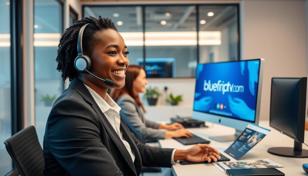 A modern, professional customer support environment for IPTV services, prominently featuring a friendly, diverse customer support representative in smart business attire engaged in assisting a customer. In the foreground, the representative is smiling and using a headset, with a computer displaying the website "bluefireiptv.com." The middle ground reveals a well-organized desk with technology gadgets and pamphlets about IPTV features. The background showcases a sleek office setting with soft, soothing lighting that creates a welcoming atmosphere. The image should convey professionalism and approachability, inviting trust and assurance for potential customers. The angle of the scene is slightly elevated, emphasizing the interaction, while maintaining a warm and inviting mood. A modern, professional customer support environment for IPTV services, prominently featuring a friendly, diverse customer support representative in smart business attire engaged in assisting a customer. In the foreground, the representative is smiling and using a headset, with a computer displaying the website "bluefireiptv.com." The middle ground reveals a well-organized desk with technology gadgets and pamphlets about IPTV features. The background showcases a sleek office setting with soft, soothing lighting that creates a welcoming atmosphere. The image should convey professionalism and approachability, inviting trust and assurance for potential customers. The angle of the scene is slightly elevated, emphasizing the interaction, while maintaining a warm and inviting mood.