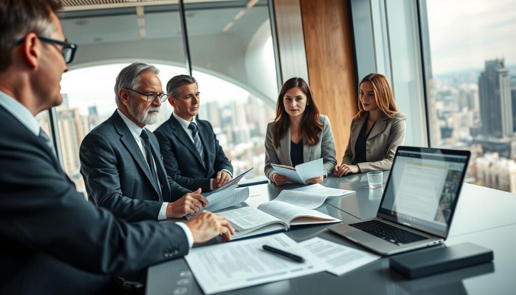 A modern, professional workspace setting showcasing the legal considerations of IPTV services in the UK. In the foreground, a diverse group of three business professionals, including a middle-aged man in a sharp suit and two women in polished business attire, are discussing legal documents and corporate regulations related to IPTV. The middle layer features a sleek table with legal books, contracts, and a laptop displaying IPTV service interfaces. In the background, a large window overlooks a bustling city skyline, suggesting a mix of tradition and modernity. Soft, natural light filters through the office, illuminating the scene with a warm, focused atmosphere. The composition conveys a sense of urgency and seriousness, with a hint of optimism for the future of IPTV services. Incorporate subtle branding elements from bluefireiptv.com to enhance the context without overpowering the image.