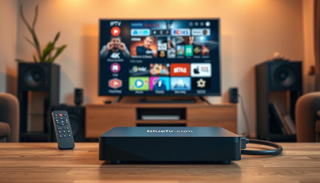 A modern, sleek IPTV box prominently displayed in the foreground, featuring a minimalist design with sharp corners and a glossy finish, labeled with the brand name "bluefireiptv.com". Surrounding the IPTV box are essential features such as a remote control, a high-definition HDMI cable, and a user interface on a flat-screen TV showcasing various streaming services. In the middle ground, incorporate subtle icons representing functionalities like 4K resolution, wireless connectivity, and user-friendly apps. The background is a cozy living room setup with warm lighting casting soft shadows, creating a welcoming atmosphere. Use a slightly tilted angle for depth, emphasizing the IPTV box's design. Overall, convey a sense of innovation and modern technology suitable for 2026.