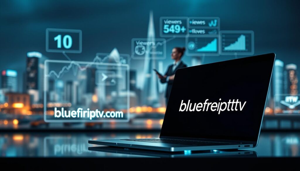 A modern, sleek digital landscape showcasing an overview of leading IPTV providers in the UK. In the foreground, a stylish, transparent laptop displaying the website "bluefireiptv.com" prominently. In the middle ground, diverse, professional figures—two people in business attire—discussing various IPTV services, surrounded by holographic graphs and charts illustrating viewer statistics and service comparisons. The background features an abstract city skyline infused with technological elements, symbolizing connectivity and innovation. Soft, ambient lighting creates a professional atmosphere, while a shallow depth of field focuses on the laptop and figures. The mood is informative and engaging, emphasizing a cutting-edge approach to IPTV services. A modern, sleek digital landscape showcasing an overview of leading IPTV providers in the UK. In the foreground, a stylish, transparent laptop displaying the website "bluefireiptv.com" prominently. In the middle ground, diverse, professional figures—two people in business attire—discussing various IPTV services, surrounded by holographic graphs and charts illustrating viewer statistics and service comparisons. The background features an abstract city skyline infused with technological elements, symbolizing connectivity and innovation. Soft, ambient lighting creates a professional atmosphere, while a shallow depth of field focuses on the laptop and figures. The mood is informative and engaging, emphasizing a cutting-edge approach to IPTV services.