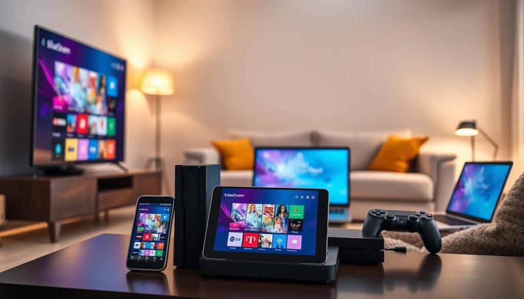 A modern, sleek living room setting featuring various devices showcasing the SmartStream IPTV player compatibility. In the foreground, a smart TV displaying vibrant graphics of the IPTV interface, beside a tablet and smartphone with the same interface visible. The middle layer includes a gaming console and a laptop, all connected to a stylish entertainment center. The background shows a cozy couch and soft ambient lighting to create a warm atmosphere. The scene captures a sense of ease and entertainment, emphasizing technology integration. The soft glow from the devices highlights their screens, creating a dynamic contrast. The brand bluefireiptv.com subtly appears on the TV screen, blending organically with the scene without dominating the image.