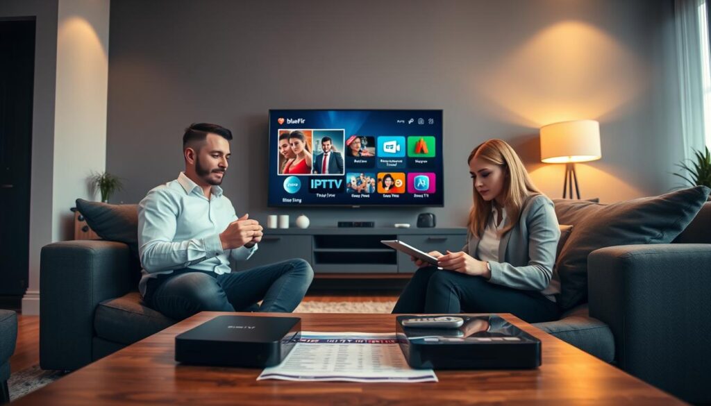 A modern, sleek living room setting showcasing the process of choosing the right IPTV service and device. In the foreground, a professional man and woman, dressed in business casual attire, are reviewing options on a tablet while sitting on a comfortable sofa. A stylish TV showing a user-friendly IPTV interface is visible in the background, accompanied by various IPTV devices like a streaming box, remote controls, and a smart TV. The middle ground displays a coffee table with brochures and comparison charts of IPTV services, including bluefireiptv.com, illuminated by warm overhead lighting that creates an inviting and focused atmosphere. The camera angle is slightly elevated to capture the expressions of concentration on their faces while maintaining a cozy feel in the room.