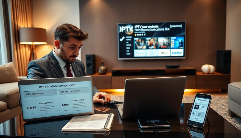 A modern, sleek living room setting with a high-definition television displaying IPTV content. In the foreground, a concerned viewer, clad in professional business attire, examines a laptop showing IPTV user reviews and statistics on common concerns like buffering and service reliability. In the middle ground, a stylish coffee table with a remote control, a notepad, and a smartphone illustrating different IPTV services, including "bluefireiptv.com". The background features contemporary decor with warm lighting that creates an inviting yet serious atmosphere. The shot is from a slightly elevated angle to emphasize the viewer's focused expression while maintaining a balanced composition. The overall mood conveys a mix of curiosity and professionalism, reflecting the importance of addressing IPTV technology concerns.